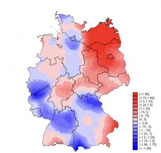 Cartographic visualization of regional loneliness in Germany on the basis of the German Socio-Economic Panel Study Core wave 2013.